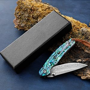 Omesio Damascus Pocket Knife Damascus Folding Knife Blue Abalone Handle Japanese Damascus Blade Pocket Knives Real Damascus Steel Folding Knife with Gift Box for Men/Dad/Father and Women - Thumbnail 5