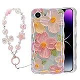 EYZUTAK Funda para iPhone 16e, funda protectora de TPU con diseño de flores coloridas con cadena de pulsera, borde ondulado, exquisita funda protectora de TPU duradera para niñas y mujeres, color