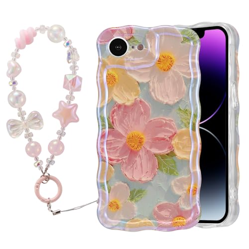 Coque iPhone 16e bords ondulés en TPU souple motif fleur rose et vert