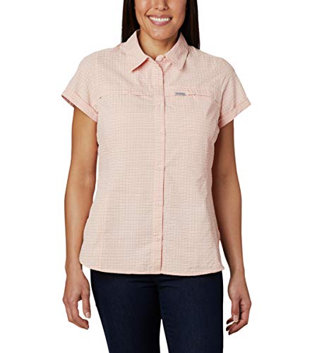 Columbia Women s Silver Ridge Novelty Short Sleeve Shirt, Moisture Wicking, Peach Cloud Seersucker, 3X
