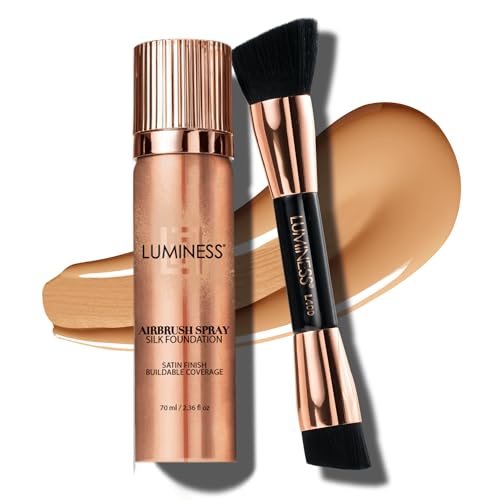 LUMINESS Silk Airbrush Spray Foundation & Buffing Brush Kit – Full Coverage Foundation & Dual-Sided Buffing Brush - Buildable Coverage, Anti-Aging Formula Hydrates & Moisturizes (Shade - Medium)