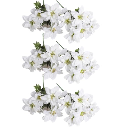 YIJOY Artificial Poinsettia Bushes 4 Pack 7 Heads Silk Fabric Christmas White Poinsettia Bouquet Fake Poinsettias for Xmas 35cm/13.8in