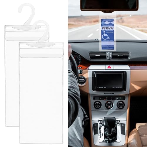 PACLVIO 2Pcs Handicap Placard Holder, 11.6" × 5" Ultra Transparent Disabled Permit Protective Cover for Sun Visor with Large Hanger, Universal Car Accessories for Handicap Parking