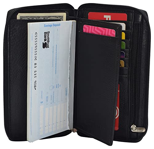 MARSHAL RFID Blocking Genuine Leather Long Bifold Zipper Checkbook Cover Wallet (Black)3