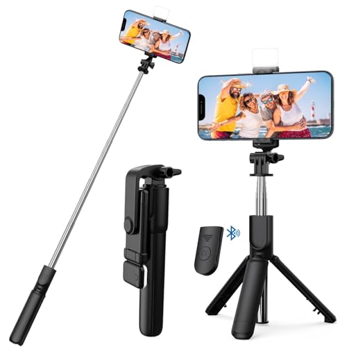 Image of Elfora R1S Selfie Stick Tripod Stand | Bluetooth Wireless Remote with Rechargeable LED Light | 2 Brightness levels for Vlogging & Photoshoots | Extendable Tripod for All Smartphones and iPhones(Black)