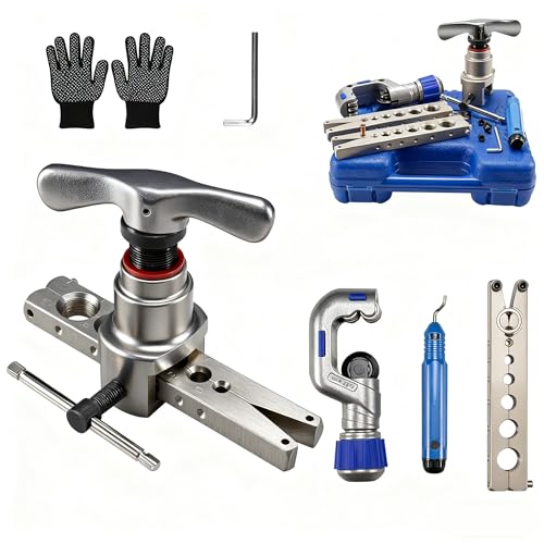 Professional HVAC Flaring Tool Kit 45° Eccentric Type, 5-in-1 Copper Tube Flaring Tool Set with Pipe Cutter, Deburring Tool & Hard Case, Easy-Use Manual Flare Tool for 1/4”-3/4” & 6–19mm Pipes