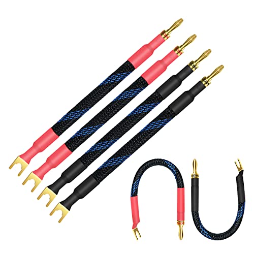 UCINNOVATE 4 x HiFi OFC Spade to Banana Plug Speaker Wire, 13AWG 21cm Speaker Jumper Cable für Verstärker, Bi-Wire Jumper Bridge Spade to Banana Speaker Cable mit vergoldeten Bananensteckern