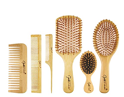Healthcom 6 Piece 6 in 1 Bamboo Hair Brush Comb Set Paddle Detangling Comb Hairbrush for Women Men with Tail Comb Wide F