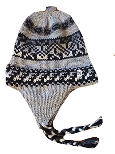 Bonnet péruvien en Laine Naturelle mélange alpaga/Acrylique tricoté à la Main fabriqué au Pérou de façon Artisanale Taille 56-60cm Chullo Hiver Chaud Femmes Hommes Taille Unique Mixte (F27)