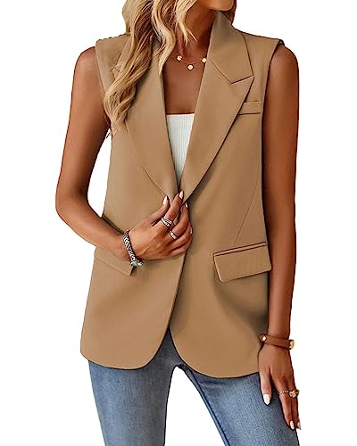 Sleeveless Blazers for Women Lapel Open Front Vest Jacket Cardigan Casual One Button Work Office Blazer with Pockets3