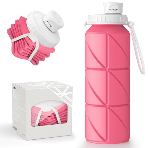 Popdigito Collapsible Water Bottle Foldable Silicone Travel Water Bottle Leakproof Flexible BPA Free Portable,Folding Water Bottle Lightweight for Camping, Hiking,Sports Water Bottles Travel 23oz
