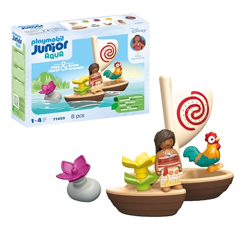 PLAYMOBIL Junior & Disney 71459 Catamarán de Vaiana, con Flores flotantes y un Gallo, Juguete sostenible Hecho de plásticos a Base de Plantas, Juguetes para niños y niñas a Partir de 1 año