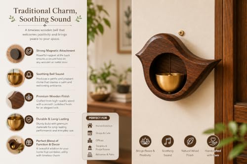 Image of Wooden Door Bell with Brass Bowl | Magnetic Door Chime Bell | Shopkeepers Doorbell for Door Opening | Decorative Magnetic Chime | Ideal for Home, Shop & Housewarming Gift - Bird Shape