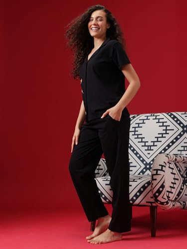 Image of Clovia Women's Cotton Printed Button Down Shirt & Pyjama Night Suit Set