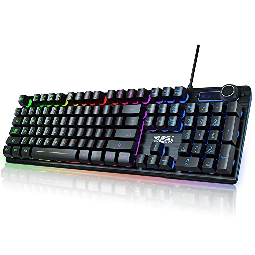 TNBIU Gaming Keyboard, 105-Key Wired Membrane Keyboard, Rainbow LED Backlit Keyboard, Floating Keycap Design, Aluminum Alloy Panel, Stylish Appearance Design, Suitable for Desktop, Computer, PC (Grey)