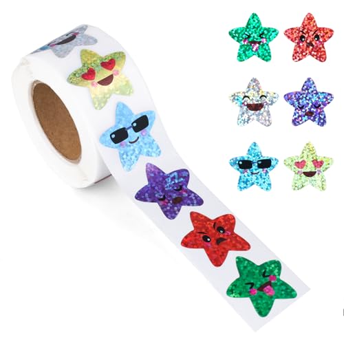 500 Piezas Pegatinas de Estrellas Sonrientes 2,5cm Pegatinas de Estrellas Rollo Purpurina Pegatinas de Estrellas de Aluminio para Niños Aula Profesores Recompensa Manualidades (8 Colores)