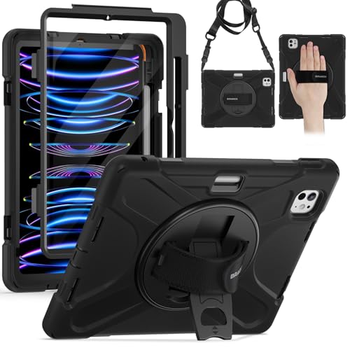 BRAECN per Cover iPad Pro 11 Pollici 2022/2021/2020/2018, Antiurto Robusto Custodia con Integrato Pellicola Prottetiva, Supporto Girevole a 360° e Cinturino a Mano, Tracolla Portatile, Nero