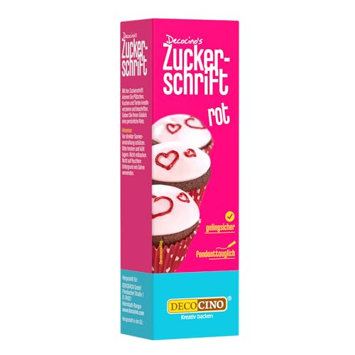 Decocino Zuckerschrift in Rot – Lebensmittelfarben-Schrift – praktische Tube zur Beschriftung von Fondant & Glasuren – Back-Deko für Torten, Kuchen & Cup-Cakes!