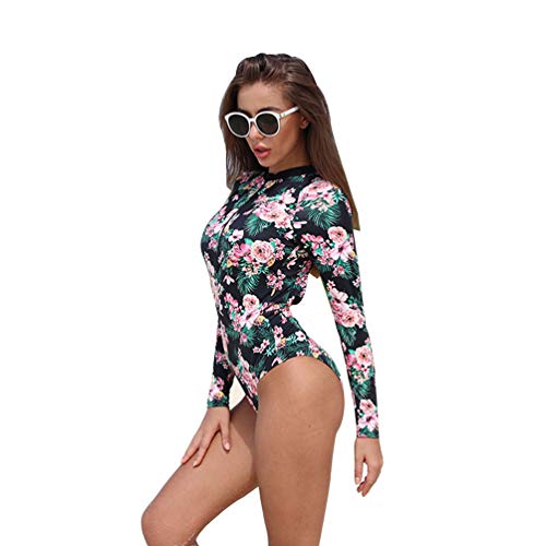 Wenchuang Trajes de Baño Mujer de Una Pieza Traje de Surf de Manga Larga Estampado Floral Bañador de Mujeres Slim Fit (Negro, Asia L) Cover