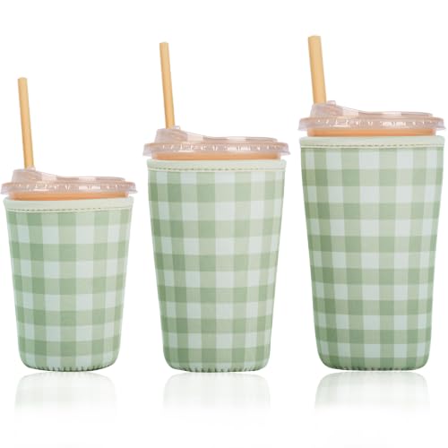 Image of Reusable Insulated Sleeve for Iced Coffee Cup, 3-Pack Coffee Neoprene Drink Sleeve for Cold & Hot Drinks, Beverage Holder for Iced Coffee (Olive Gingham)