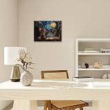 Cat Wall Decor Starry Night Pictures for Living Room Bedroom Bathroom Office,Cats Abstract Canvas Wall Art Print Painting Home Modern Artwork Framed Decoration 24 x 20 inch