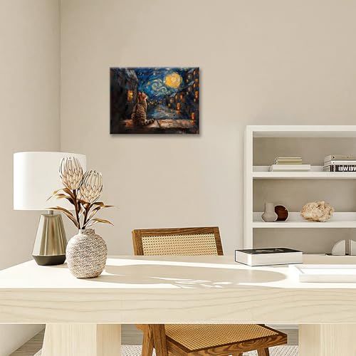 Cat Wall Decor Starry Night Pictures for Living Room Bedroom Bathroom Office,Cats Abstract Canvas Wall Art Print Painting Home Modern Artwork Framed Decoration 24 x 20 inch