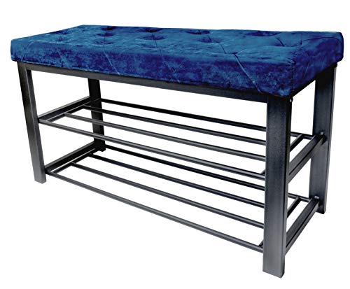 Best Deal 🛒 Two-Tier Padded Organization and Storage Bench, Shoe Rack with Open Shelves, Blue Navy Velvet Finish, 31¾" x 12½" x 18"