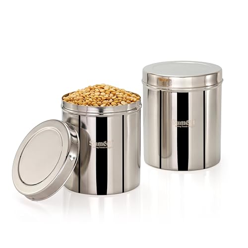 Image of Sumeet Stainless Steel Large Dabba /Canisters /Vertical Storage Container for Kitchen, 19cm & 20cm Dia - 5000ml - (5Kg to 5.5Kg Approx) & 6500ml - (5.7Kg to 6.3Kg Approx)