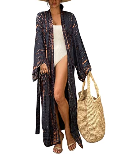 Women's Open Front Tie Dye Long Kimono Cover Ups with Belt Summer Loose Long Kimono Robe Swimsuits (One Size, Dark Grey)