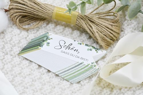 50x Geschenkanhänger Schön dass Du Da Bist Anhänger Hochzeit Geburtstag Weihnachten JGA Taufe Gastgeschenke Kommunion Konfirmation Eukalyptus Etiketten Tags Label mit 10M Juteschnur
