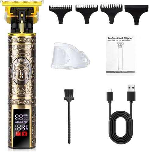 Máquina Cortar Pelo Profesional T Blade, Cortapelos 0mm para Perfilar Barba y Contornos, Recortadora de Precisión Inalámbrica con Pantalla LED, 3 Velocidades y Carga USB C, Diseño Dorado