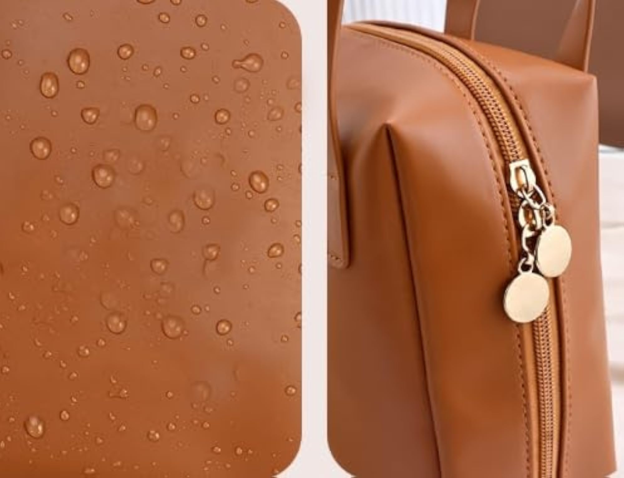 Travel Makeup Bag with Handle for Women, Waterproof Leather Organizer