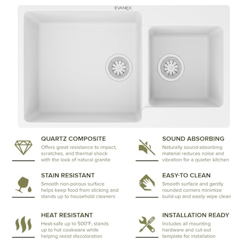 Image of EVANEX Quartz Kitchen Sink|Double Bowl Sink for Kitchen|Topmount /Undermount Kitchen Sinks|White Double Sink with Connector, Waste Pipe, Coupling and Drain Basket|34x20x9 Granite Kitchen Sinks