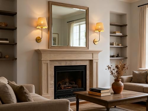 Image of Phansthy Industrial Hardwired Wall Sconce Vintage Farmhouse Wall Light, Boho Brass Finished Wall Lamps with Natural Rattan Woven Lampshade for Bedroom, Living Room (Antique Gold, One-Light 2 Pack)