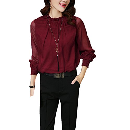 Queenlife Womens Casual Chiffon Shirt Network Yarn Lotus Leaf Long Sleeve Blouse Tops (M, Red)