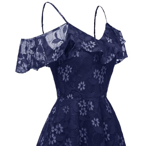 Image of IWEMEK Women Spaghetti Strap Floral Lace Bridesmaid Cocktail Party Dress Cold Shoulder Ruffle Sleeve Wedding Guest Prom Dress