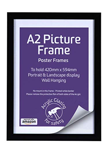 Picture Frames UK Marco de Fotos A2 de Madera Negra con Parte Frontal acrílica. Aplique de Pared Horizontal y Vertical, 420 x 594 mm
