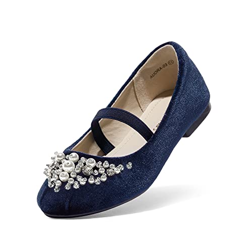 DREAM PAIRS Girls Ballet Flats Flower Shoes Mary Jane Ballerina Flat Dress Shoes for Daily/Wedding/Party 4 Toddler Navy/Suede