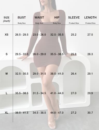 Image of OZICERD Long Sleeve Square Neck Bodycon Mini Dresses for Women Cute Ruched Cocktail Party Club Going Out Dress