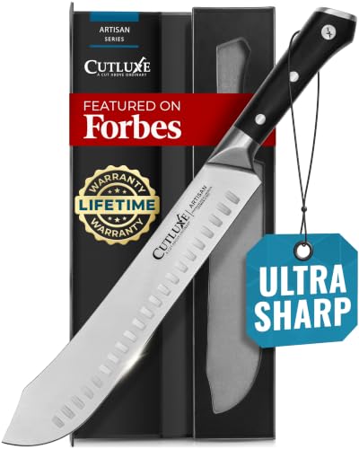 Image of Cutluxe Butcher Knife - 10″ Bullnose Carving Knife, Forged High Carbon German Steel - Full Tang & Razor Sharp - Ergonomic Handle Design, Grilling Gifts for Men - Artisan Series