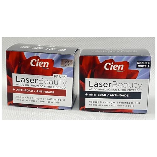 Pack 2 - Cien Laser Beauty - Crema Facial Día 50 ml. + Crema Facial Noche 50 ml. Anti-Edad. Con Ácido Hialurónico. Reduce las arrugas y tonifica la piel. Hidratación y Firmeza.