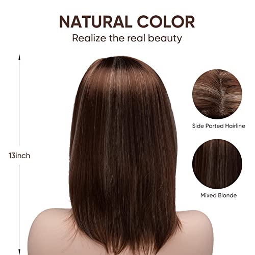 BESTUNG Short Mixed Color Synthetic Women Wig Medium Length Natural Looking Hair Wigs Light Brown and Light Blonde