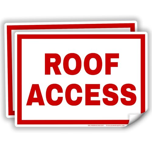 ROOF ACCESS Sign – 2 Pack 5x7 Inch Vinyl Decals – Red & White High Visibility Compliance Signage for Commercial Buildings, Egress & Wayfinding – Indoor Outdoor