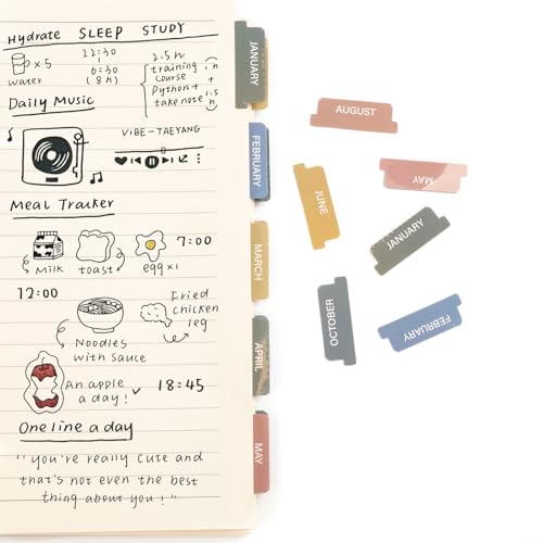 Lumintutu Laminated Planner Monthly Stickers 40 Adhesive Plan Tabs Accessories for Notebooks (2 Sets 12 Month Tabs and 16 Blank Tabs) Hobonichi 2026 Happy Calendar Inserts Set (Morandi)