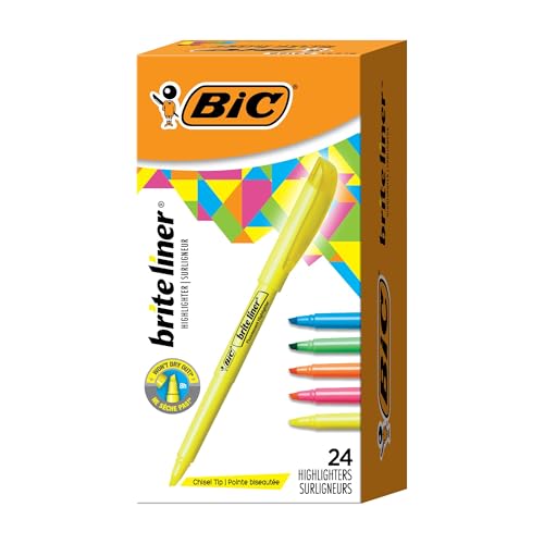 BIC Brite Liner Highlighters with Chisel Tip for Broad and Fine Lines, 24-Count Pack in Assorted Colors