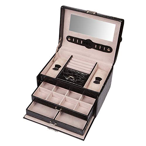 Preisvergleich Produktbild Yolora Schmuckkästchen Damen, Schmuckkoffer mit Spiegel für Frauen - Schmuckkasten Schwarz - Abschließbar (XL)