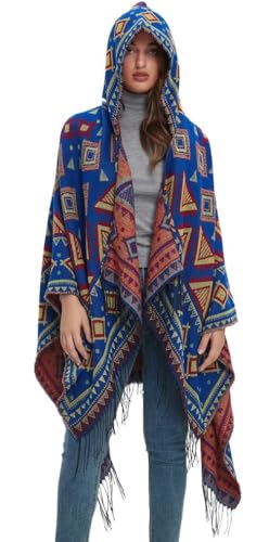 Women's Vintage Pattern Open Front Hooded Poncho Cape Shawl Winter Shawl Wraps2