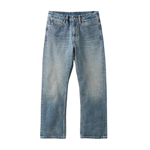 Men's Cotton High Waist Fabric Washed Vintage Jeans Casual Baggy Wide Leg Jeans with Pockets