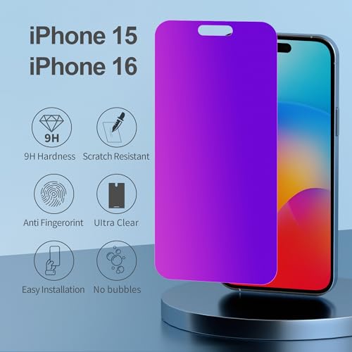Image of PDDKISS Compatible for iPhone 15 /iPhone 16 Privacy Screen Protector Tempered Glass 6.1 Inch, Purple Gradient Anti Spy Anti Blue Light HD Easy Installation