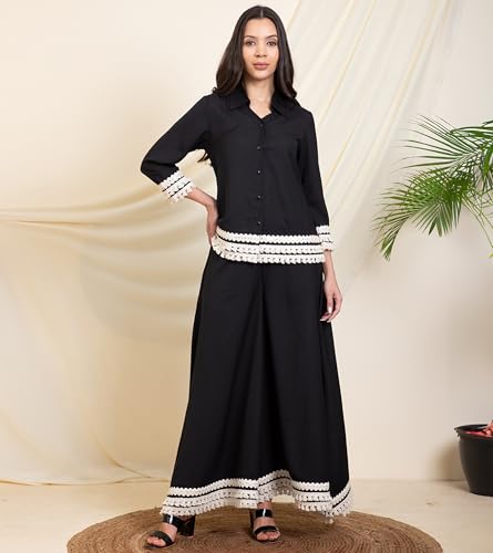 Image of DEEBACO Women's Solid Summer Cool Ankle Length Shirt with Palazzo|Shirt Collar|Cord Set for Women Fashion|Long Jumpsuits Western Dress for Women Stylish|Two Piece Co ord Set|Party Casual Wear(Black)